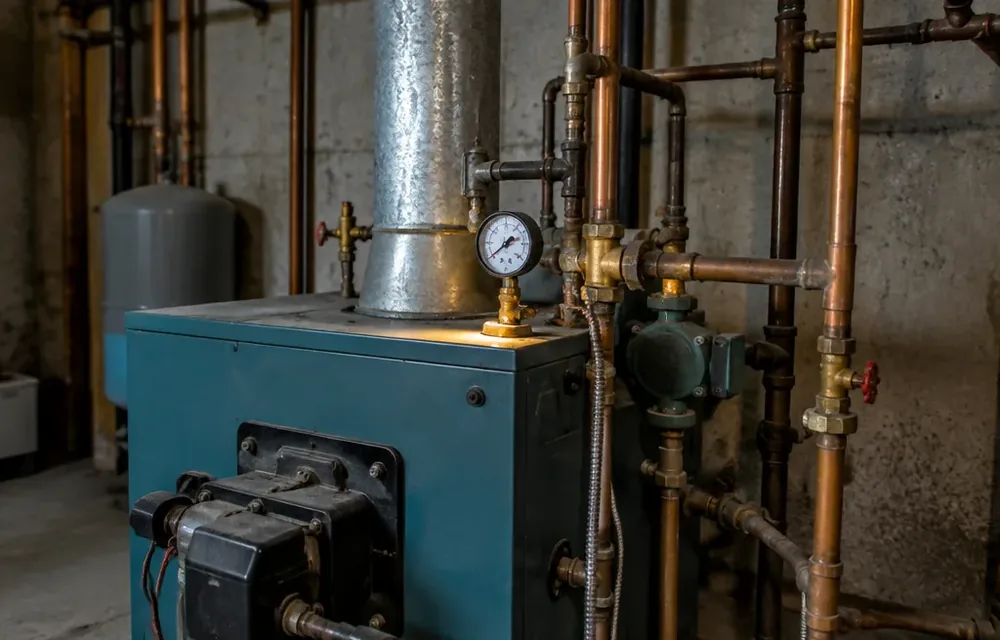 Basement boiler with gauge and copper piping during no heat diagnosis in winter