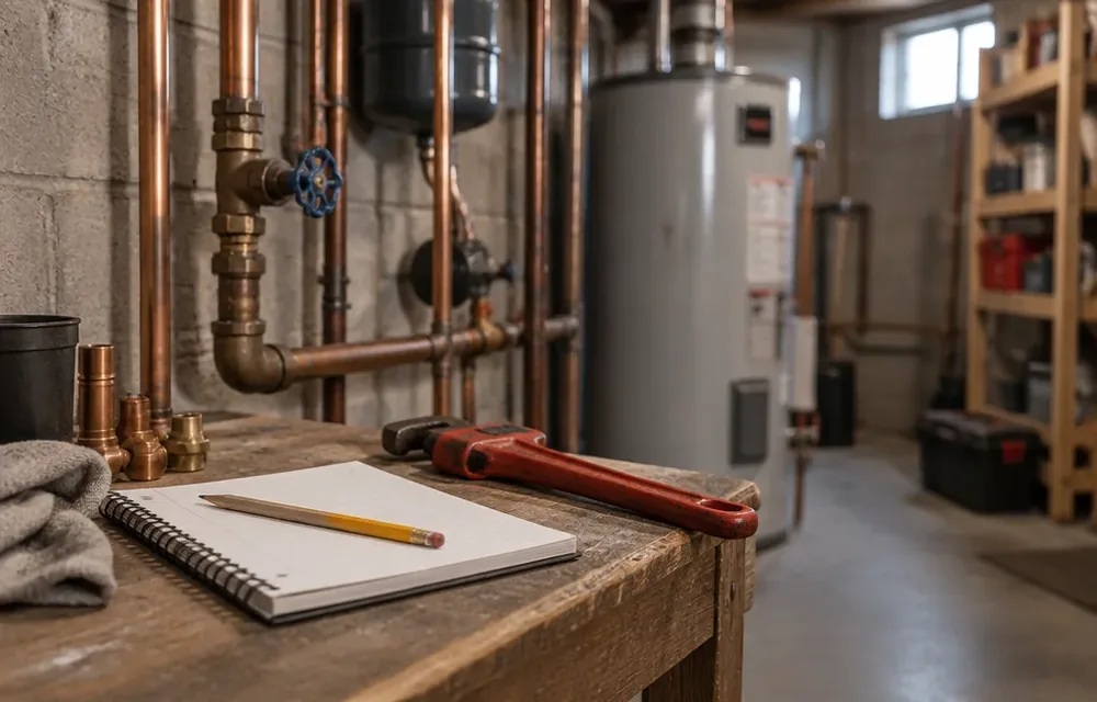 Notepad and pipe wrench beside basement work area showing planning for plumbing labor