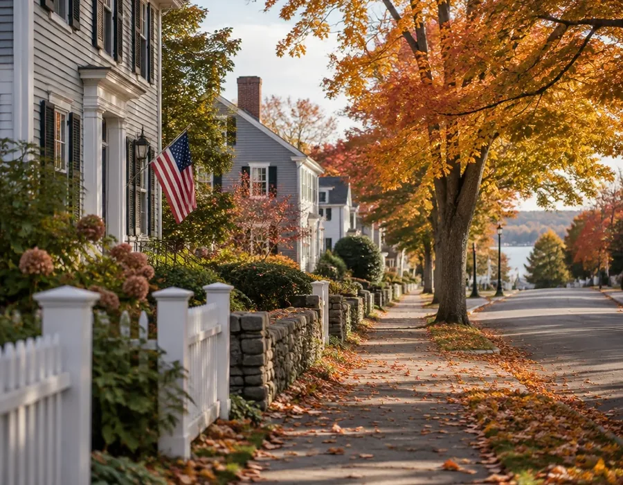 Quiet residential street in Chelmsford Massachusetts in autumn