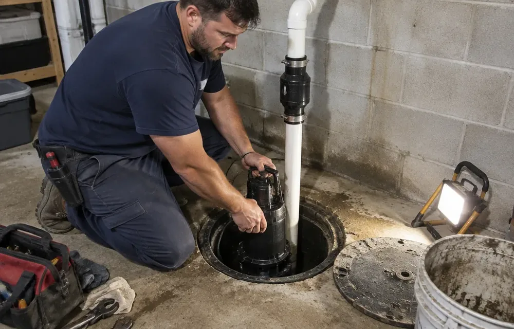 Plumber setting a sump pump in a basement pit in Chelmsford